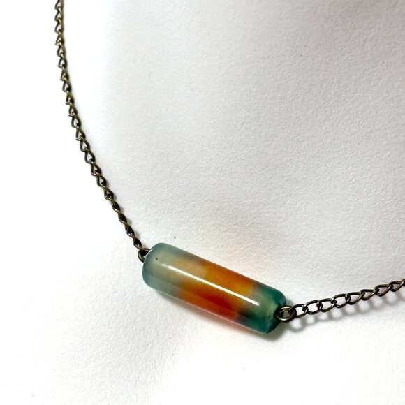 2/$20, Multicolor Dyed Agate Necklace, Gemstone Bar Pendant & Bronze Chain - Picture 1 of 11